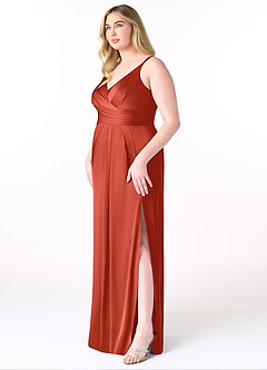 Azazie Aqua Bridesmaid Dresses Rust A-Line V-Neck Pleated Stretch Satin Dress image10