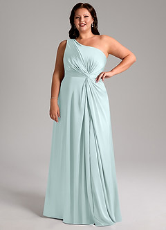 Azazie Brooke Bridesmaid Dresses Sea Glass A-Line One Shoulder Stretch Satin Dress image12