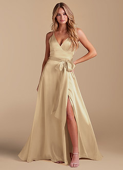 Azazie Sophia Bridesmaid Dresses Champagne A-Line with Pockets Metallic Satin Dress image4