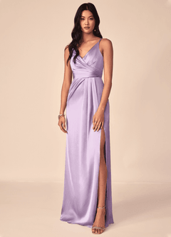 Azazie Aqua Bridesmaid Dresses Frosted Lilac A-Line V-Neck Pleated Stretch Satin Dress image1