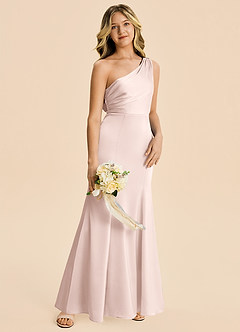 Azazie Ren Junior Blushing Pink A-Line Pleated Stretch Satin Dress image3