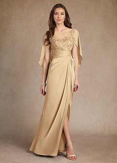 Azazie Hera Mother of the Bride Dresses Champagne A-Line Lace Stretch Satin Dress image4