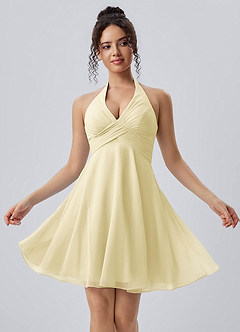 Joviannelle Butter Yellow Halter Ruched Chiffon Mini Dress image1