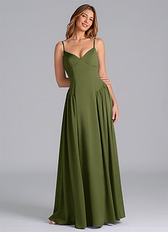 Azazie Kirby Venta Final Vestido de Oliva de Satén Elástico de Corte en A image1