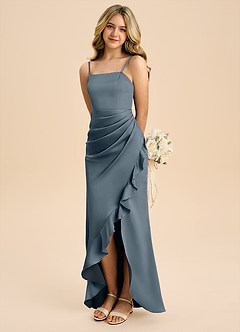 Azazie Buzzy Junior Twilight Sheath Pleated Stretch Satin Dress image1