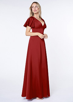 Azazie Lani Brautjungfernkleider A-Linie Volantärmel Stretch-Satin Kleid Granatapfelrot image4