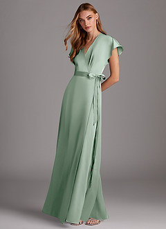 Azazie Nico Bridesmaid Dresses Agave A-Line V-Neck Stretch Satin Dress image4