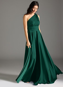 Azazie Charlize Bridesmaid Dresses Emerald A-Line One Shoulder Stretch Satin Dress image3