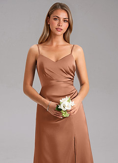 Azazie Azuree Bridesmaid Dresses Bronzer A-Line Pleated Stretch Satin Dress image8