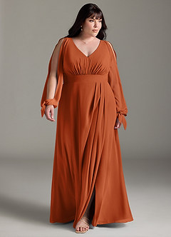 Azazie Matilda Bridesmaid Dresses Burnt Orange A-Line Long Sleeve Chiffon Dress image14