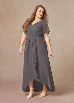 Azazie Eliza Moeder van de bruid jurken A-Lijn Jurk van Chiffon V-hals geplooid Staal Grijs image8