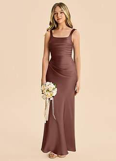 Azazie Agustina Junior Espresso Sheath Pleated Stretch Satin Dress image4