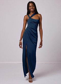 Barbie ♥ Azazie Robes de demoiselle d'honneur Robe Sirène en Satin extensible Ue épaule Bleu Marine Foncé image1