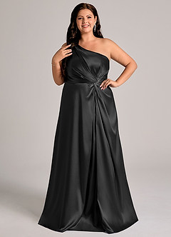 Azazie Brooke At-home Try On Dresses Black A-Line One Shoulder Metallic Satin Dress image10
