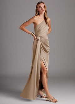 Azazie Mika Jurken voor bruidsmeisjes Jurk van Stretch Satijn met Kolom One-Shoulder Taupe image4