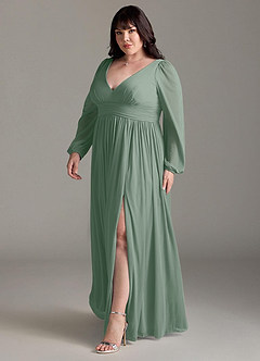 Azazie Norah Brautjungfernkleider A-Linie Lange Ärmel mit V-Ausschnitt Chiffon Kleid Silberner Salbei image11