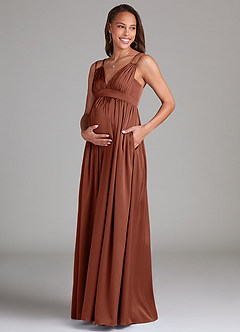 Azazie Emree Maternity Bridesmaid Dresses A-Line Stretch Satin Floor-Length Dress with Pockets image3