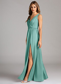 Azazie Tanicia Bridesmaid Dresses Aqua A-Line Pleated Stretch Satin Dress image5