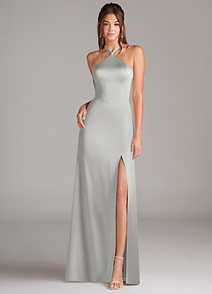 Azazie Elliana Bridesmaid Dresses Silver A-Line Side Slit Stretch Satin Dress image4