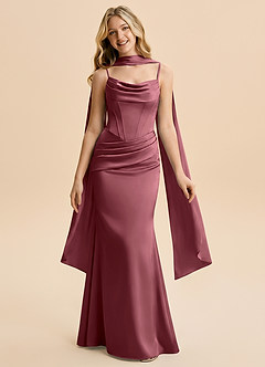Azazie Sorrel Junior Vestido de Rosa Del Desierto de Satén Elástico de Corte en A con Volante image4