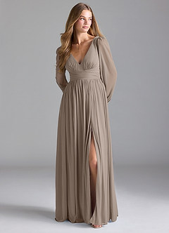 Azazie Norah Bridesmaid Dresses Taupe A-Line Mesh Dress image3