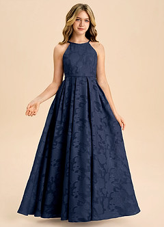 Azazie Arianthe Junior Dark Navy A-Line Pleated Floral Burnout Dress image3