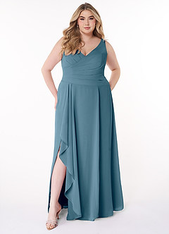 Azazie Kori Brautjungfernkleider A-Linie Plissee Chiffon Kleid Bermudablau image6