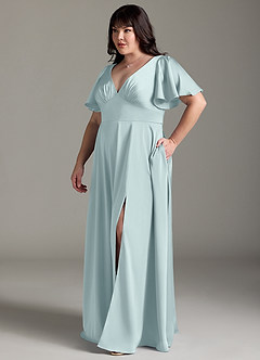 Azazie Kimber Bridesmaid Dresses Mist A-Line Ruched Stretch Satin Dress image4