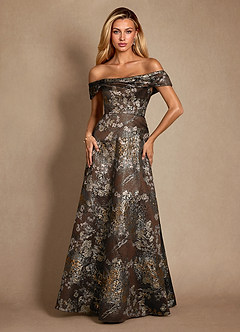 Azazie Marceline Mother of the Bride Dresses Mocha Coco A-Line Off the Shoulder Jacquard Dress image2
