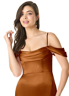 Azazie Liv Vestidos de damas de honor Vestido de Cobre de Satén Metálico de Corte Recto Convertible con Vestidos sin tirantes image6