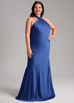 Azazie Lorena Vestidos de damas de honor Vestido de Azul Real de Satén Elástico de Corte Sirena con Plisado image10