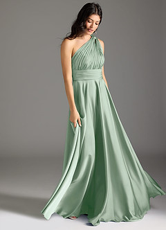 Azazie Charlize Bridesmaid Dresses Agave A-Line One Shoulder Stretch Satin Dress image3