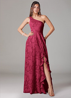 Azazie Ellianna Bridesmaid Dresses Burgundy A-Line One Shoulder Floral Burnout Dress image1