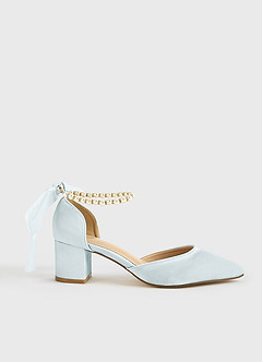 front Satin Pearl and Bow Pointed Toe Block Heels