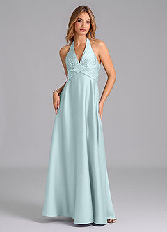 Azazie Tessie Bridesmaid Dresses Sea Glass A-Line Pleated Stretch Satin Dress image5