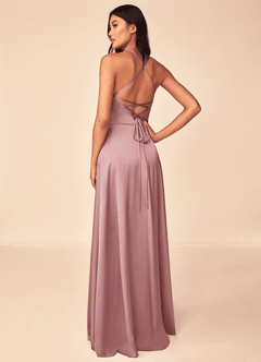 Azazie Mei Vestidos de damas de honor Vestido de Rosa Polvorienta de Satén Elástico de Corte en A con Cuello en V image2