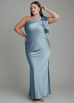 Azazie Yuanna Jurken voor bruidsmeisjes Jurk van Stretch Satijn met Zeemeermin One-shoulder Stoffig Blauw image11
