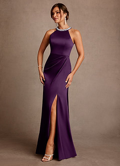 Azazie Lawrence Mother of the Bride Dresses Grape A-Line Pleated Stretch Satin Dress image2