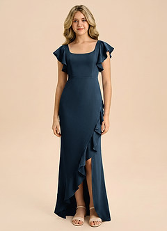 Azazie Demi Junior Dark Navy Mermaid Bow Stretch Satin Dress image5