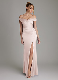 Azazie Teyana Bridesmaid Dresses Blushing Pink Sheath Off the Shoulder Stretch Satin Dress image1