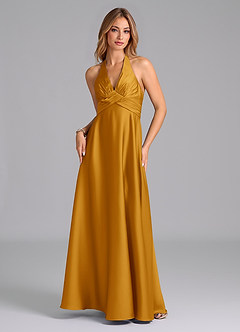 Azazie Tessie Bridesmaid Dresses Butterscotch A-Line Pleated Stretch Satin Dress image6