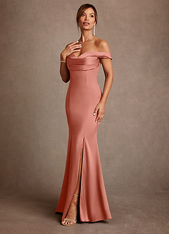 Azazie Boone Abiti per la Madre della Sposa Abito Sirena in Raso Elasticizzato a Spalla Scoperta Salmone Rosa image4
