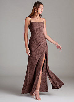 Azazie Denisa Bridesmaid Dresses Espresso Sheath Pleated Floral Burnout Dress image4