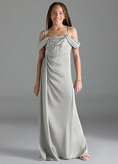 Azazie Amyra Junior Silver Sheath Off the Shoulder Stretch Satin Dress image1