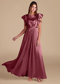 Azazie Daphne Modest Bridesmaid Dresses A-Line Ruched Metallic Satin Floor-Length Dress image1
