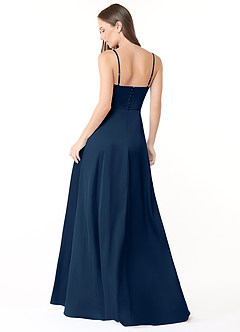 Azazie Halsey Bridesmaid Dresses Dark Navy Sheath Side Slit Stretch Satin Dress image2