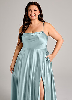 Azazie Elle Bridesmaid Dresses Mist A-Line with Pockets Metallic Satin Dress image12