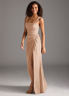 Azazie Jesaphine 신부 들러리 드레스 쉬스 절하다 스트레치 새틴 바닥 길이 드레스 image6