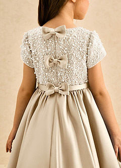 Azazie Cashew Flower Girl Dresses Champagne Ball-Gown with Sleeves Matte Satin Dress image7