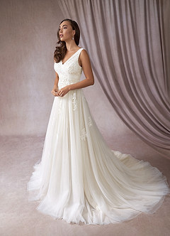 Azazie Alemia Wedding Dresses A-Line Lace Tulle Chapel Train Dress image4